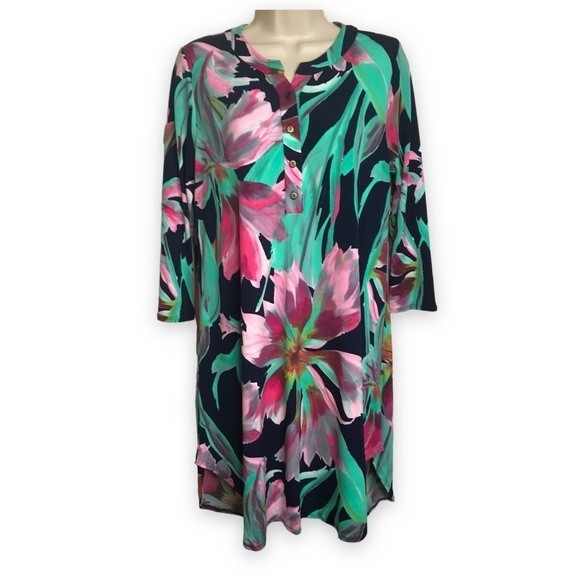Peach Love California Popover Large Navy Floral Shirttail Dress Women Large - Picture 1 of 11